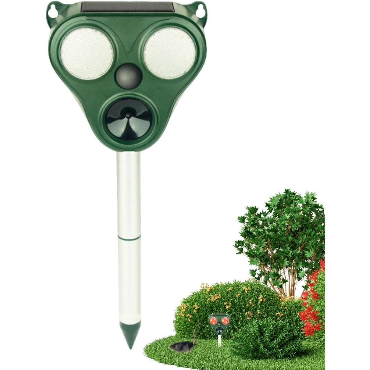 Aparat Solar LED cu Ultrasunete, Vivimall, Repelent pentru Animale Mari si Mici, Lumina Rosie si Alba, Anti Rozatoare, Anti Insecte, Frecventa 13.5KHZ-65 KHZ, Senzor PIR, 13 x 14.7 x 24.5 cm, Verde