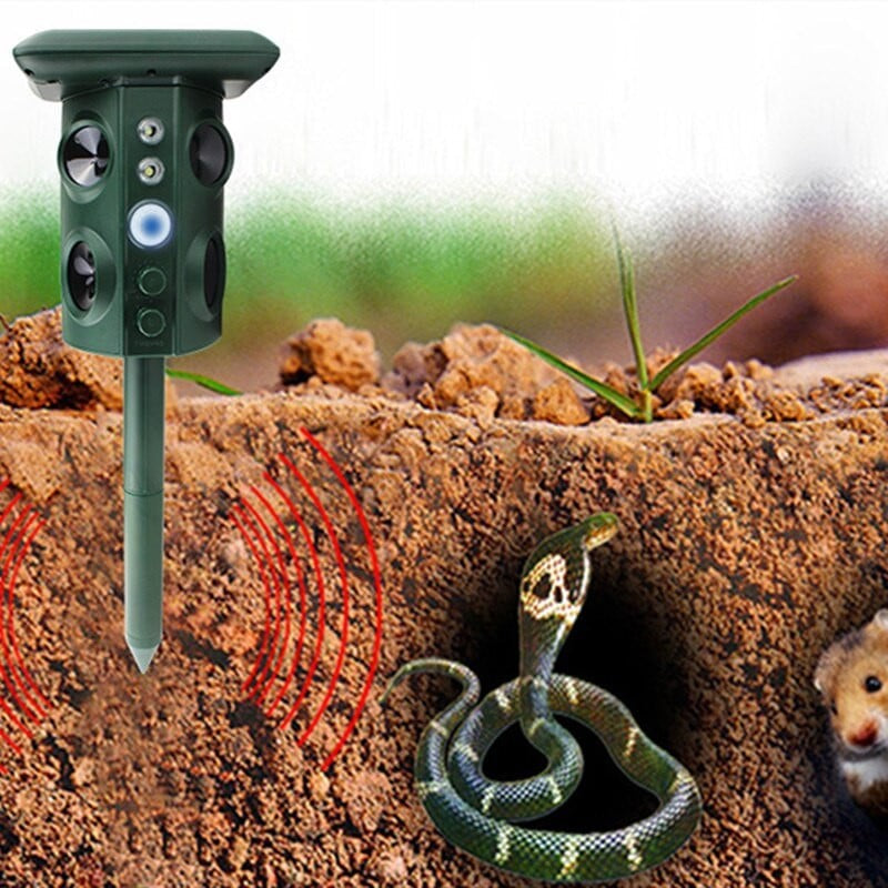 Aparat Solar LED cu Ultrasunete, Vivimall, Repelent pentru Animale Mari si Mici, Lumina Rosie si Alba, Anti Rozatoare, Anti Insecte, Frecventa 13.5KHZ-45.5KHZ, Senzor PIR, 15.5 x 15.4 x 26.2 cm, Verde - vivimall.ro