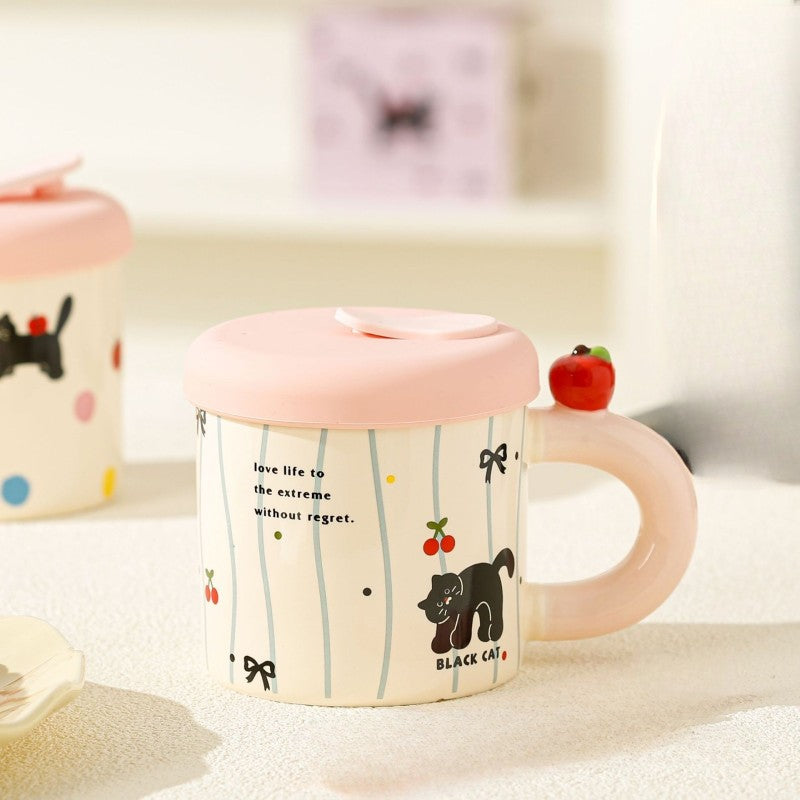 Cana din Ceramica cu Capac si Pai, Vivimall, Capacul si Paiul din Silicon Roz, 9x8.5 cm, Model Cute A, Capacitate 380ml - vivimall.ro