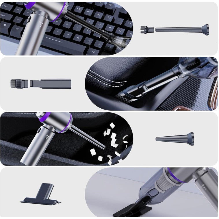 Aspirator Portabil Auto, Vivimall, pentru Casa si Masina, 3 Viteze, Incarcator Tip-C cu Incarcare Rapida, Tub Prelungitor, 2000mAh, 7 Capete de Aspirare si Suflare, 21x20x6.5 cm, Argintiu Mov