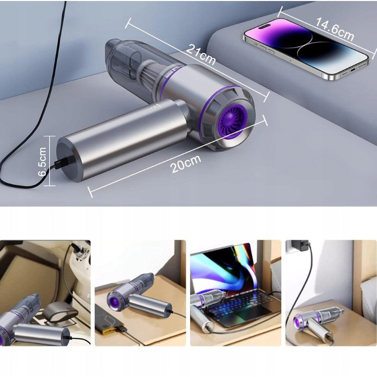 Aspirator Portabil Auto, Vivimall, pentru Casa si Masina, 3 Viteze, Incarcator Tip-C cu Incarcare Rapida, Tub Prelungitor, 2000mAh, 7 Capete de Aspirare si Suflare, 21x20x6.5 cm, Argintiu Mov