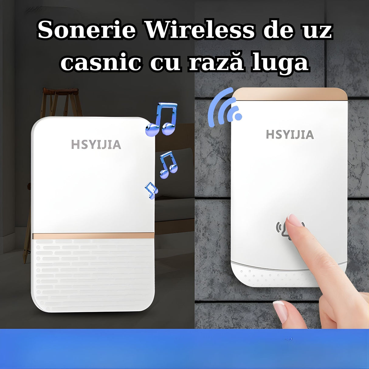 Sonerie Wireless, Flippy, Rezistenta la Stropi, Kit cu 2 Receptoare, 38 Melodii, 4 Niveluri Volum, 85 dB, raza 260 m, 9 x 5,6 x 18,5 cm, Alb/Auriu - vivimall.ro