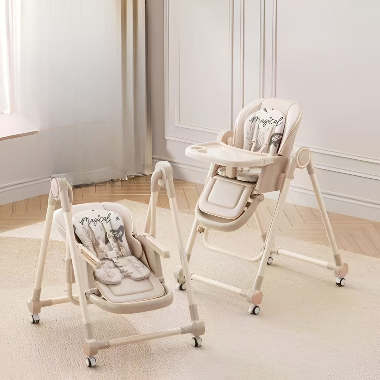 Scaun De Masa Pentru Bebelusi Si Copii, Tavita Si Husa Detasabile, Multifuncțional, Stabil, Centura De Siguranta, Inaltime Ajustabila, Spatar Reglabil Moale, Balansoar, De La 6 Luni