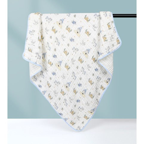 Prosop de baie din bumbac si tifon pentru Bebelusi, Vivimall, cu Sase Straturi, pentru Copii, 110x110 cm, Model Unicorni, Bej Albastru - vivimall.ro