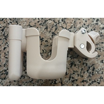 Suport universal alb pentru pahar și telefon montat pe cărucior de bebeluș, vedere frontală, ABS 20x10x9.5 cm