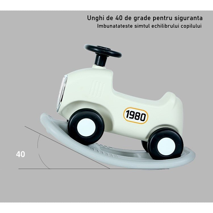 Balansoar 2 in 1 pentru copii Vivimall, masinuta detasabila, varsta peste 1 an, unghi 40 de grade, interior/exterior, volan cu sunete si lumini,
