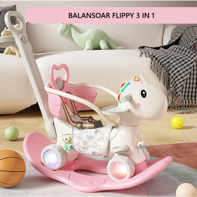Balansoar pentru Copii, Flippy, 3in1, cu Spatar si Bara de Siguranta, Maner cu Cos de Basket, Tava de Masa, Roti Luminoase, 80 x 43 x 83 cm, din Plastic, + 3 Ani, Roz - vivimall.ro