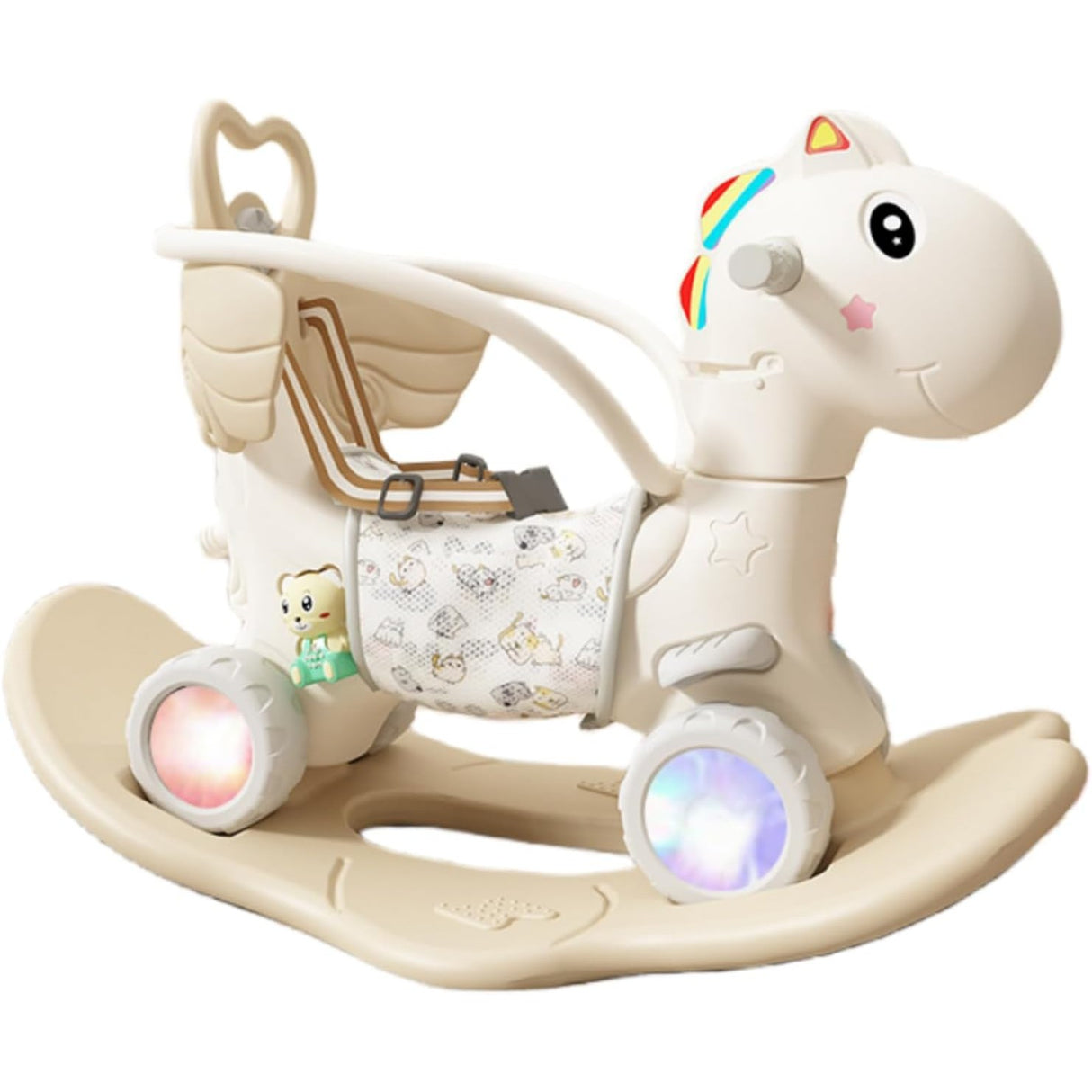 Balansoar pentru Copii, Flippy, 3in1, cu Spatar si Bara de Siguranta, Maner cu Cos de Basket, Tava de Masa, Roti Luminoase, 80 x 43 x 83 cm, din Plastic, + 3 Ani, Bej - vivimall.ro