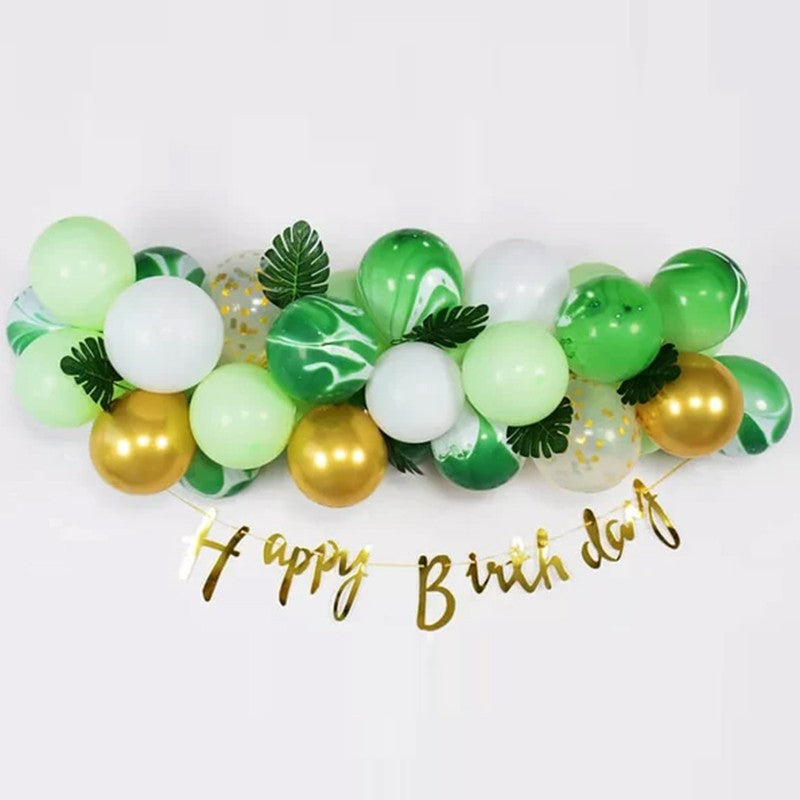 Baloane decorative din Latex si Banner Happy Birthday, Vivimall, Model Aniversare, Set 37 de Piese, Verde, Auriu, Alb