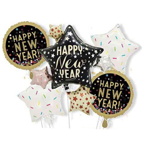 Baloane pentru aniversare, Vivimall, tematica Happy New Year, set 9 baloane, 1 Stea Mare 83 x 90 cm, 6 stele, 2 rotunde, din folie de aluminiu, pai de carton inclus, Negru