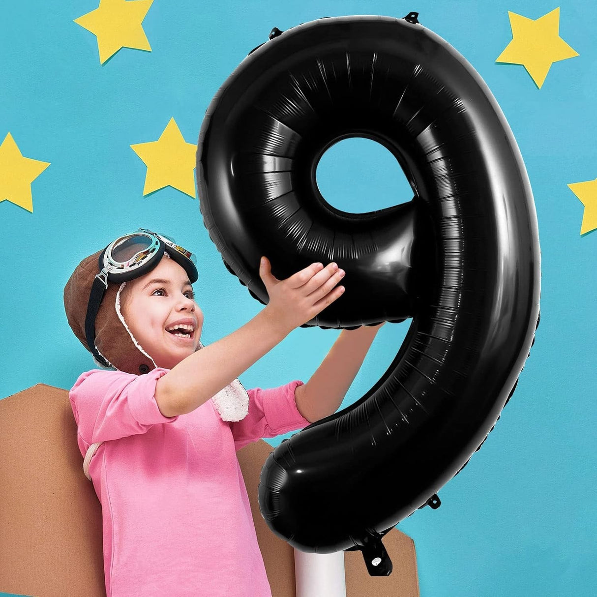 Balon din Folie Metalizata, Vivimall, Figurina Cifra, Tema Aniversare 100 cm, Ambalaj Individual, Pai inclus, Umflare cu Aer sau Heliu, Negru, Cifra 9 - vivimall.ro