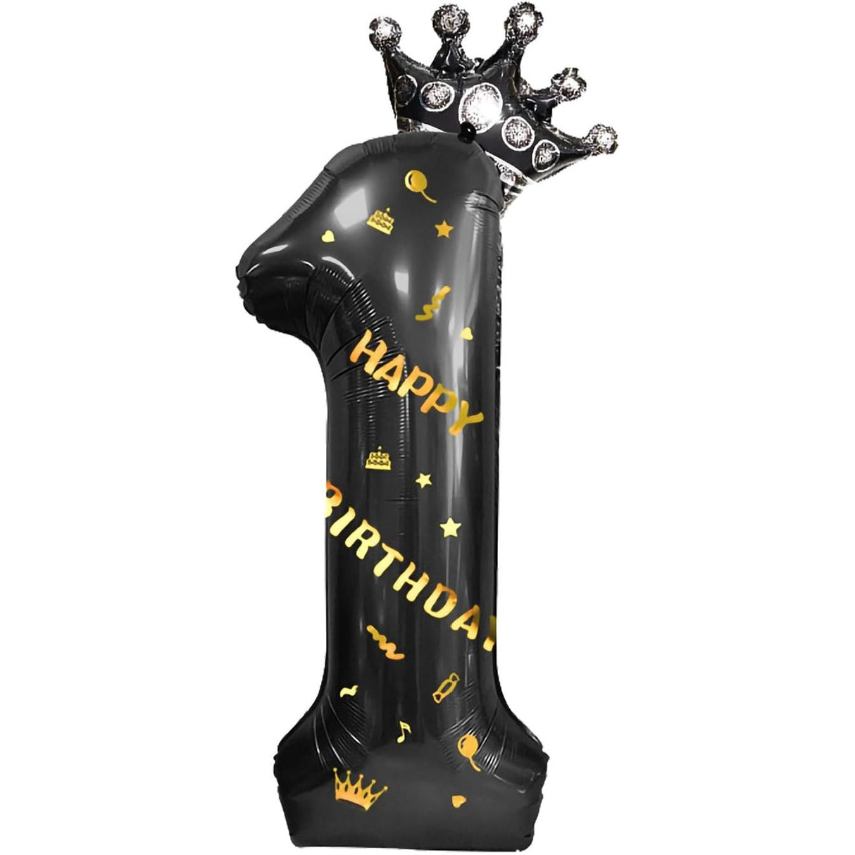 Balon din Folie Metalizata Vivimall, Figurina Cifra si Coroana, Scris Happy Birthday, Tema Aniversare 100 cm, Ambalaj Individual, Pai inclus, Umflare cu Aer sau Heliu, Negru, Cifra 1