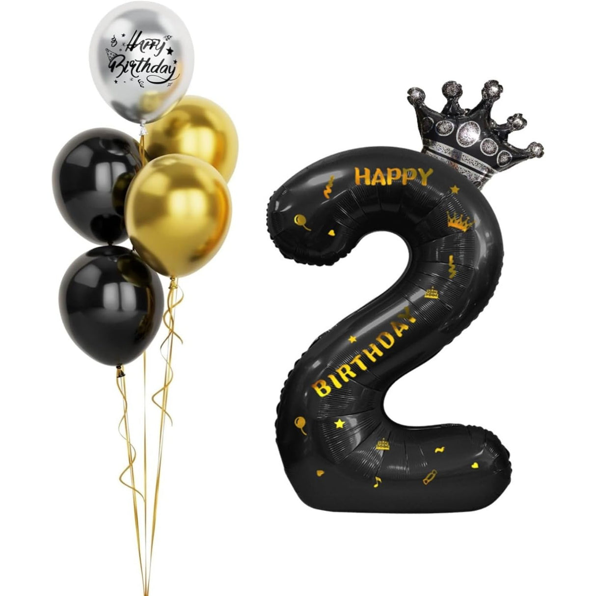 Balon din Folie Metalizata Vivimall, Figurina Cifra si Coroana, Scris Happy Birthday, Tema Aniversare 100 cm, Ambalaj Individual, Pai inclus, Umflare cu Aer sau Heliu, Negru, Cifra 2