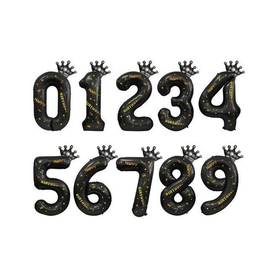 Balon din Folie Metalizata Vivimall, Figurina Cifra si Coroana, Scris Happy Birthday, Tema Aniversare 100 cm, Ambalaj Individual, Pai inclus, Umflare cu Aer sau Heliu, Negru, Cifra 3