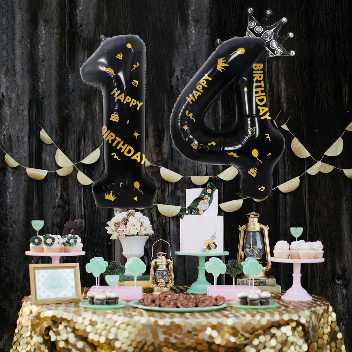 Balon din Folie Metalizata Vivimall, Figurina Cifra si Coroana, Scris Happy Birthday, Tema Aniversare 100 cm, Ambalaj Individual, Pai inclus, Umflare cu Aer sau Heliu, Negru, Cifra 4