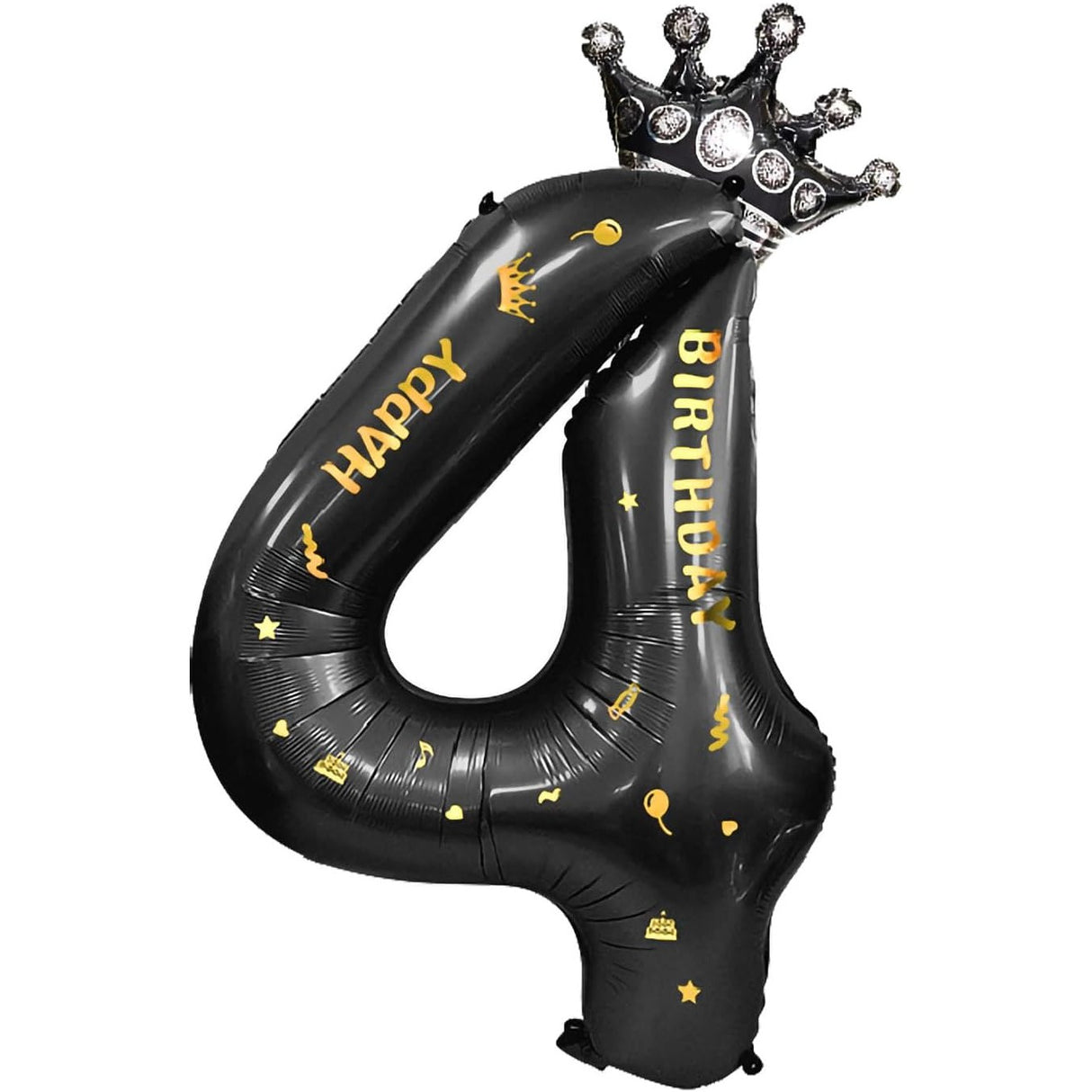 Balon din Folie Metalizata Vivimall, Figurina Cifra si Coroana, Scris Happy Birthday, Tema Aniversare 100 cm, Ambalaj Individual, Pai inclus, Umflare cu Aer sau Heliu, Negru, Cifra 4
