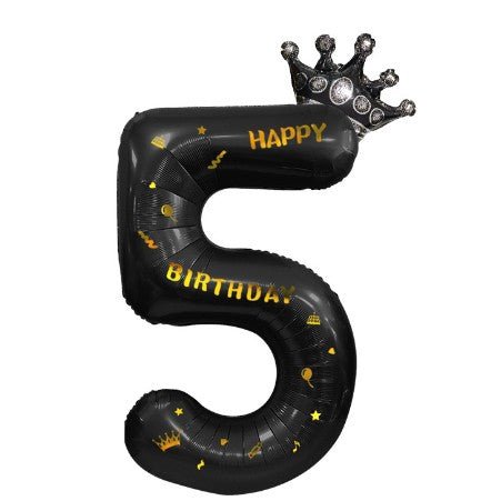 Balon din Folie Metalizata Vivimall, Figurina Cifra si Coroana, Scris Happy Birthday, Tema Aniversare 100 cm, Ambalaj Individual, Pai inclus, Umflare cu Aer sau Heliu, Negru, Cifra 5