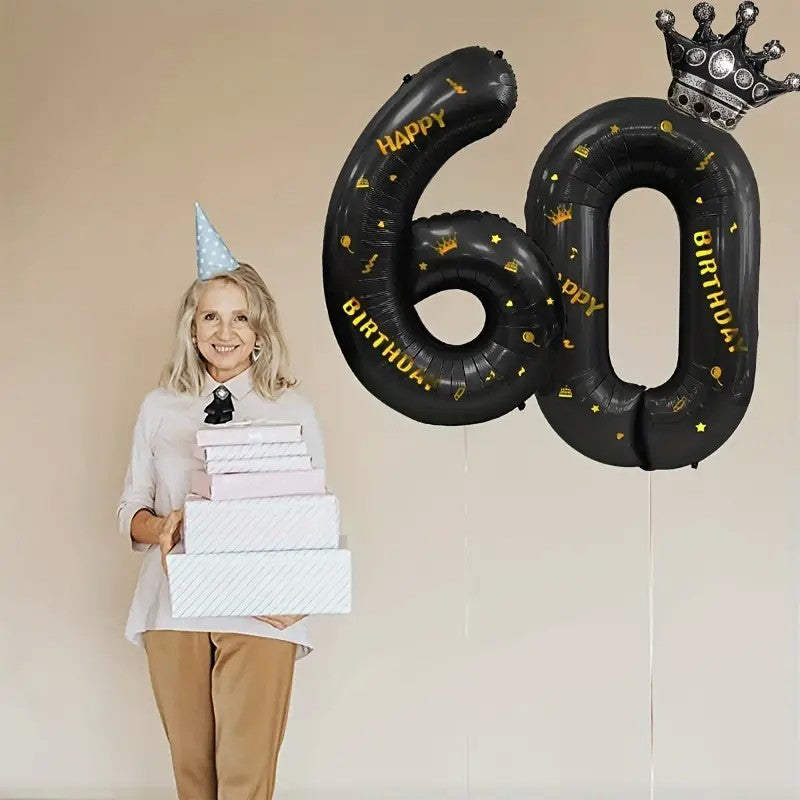 Balon din Folie Metalizata Vivimall, Figurina Cifra si Coroana, Scris Happy Birthday, Tema Aniversare 100 cm, Ambalaj Individual, Pai inclus, Umflare cu Aer sau Heliu, Negru, Cifra 6