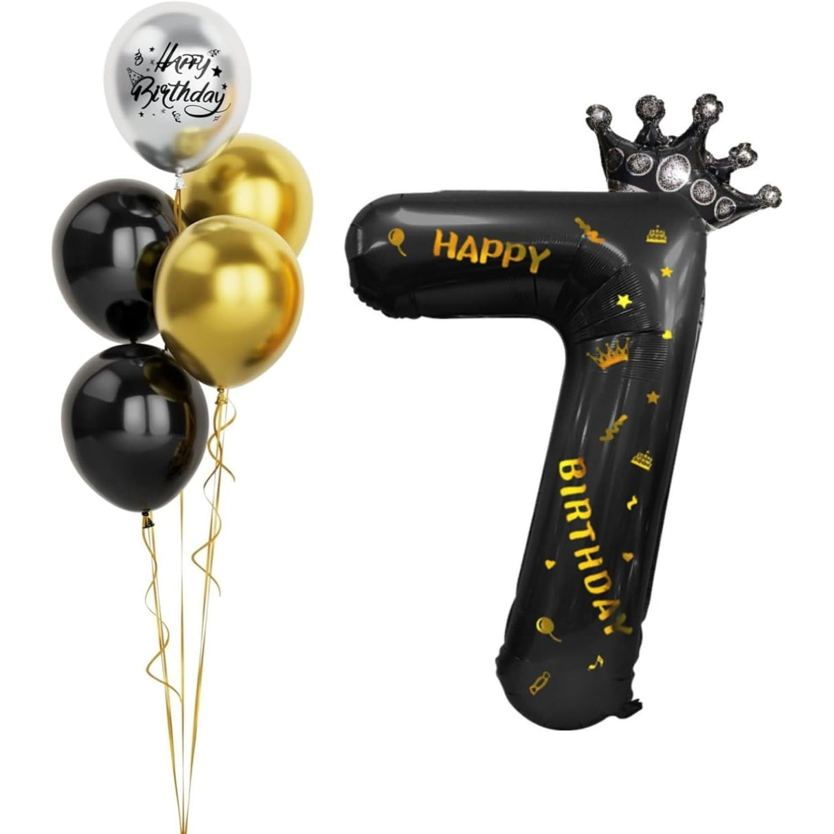Balon din Folie Metalizata Vivimall, Figurina Cifra si Coroana, Scris Happy Birthday, Tema Aniversare 100 cm, Ambalaj Individual, Pai inclus, Umflare cu Aer sau Heliu, Negru, Cifra 7