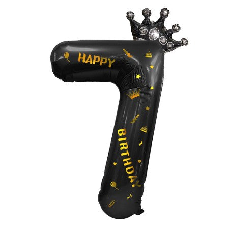 Balon din Folie Metalizata Vivimall, Figurina Cifra si Coroana, Scris Happy Birthday, Tema Aniversare 100 cm, Ambalaj Individual, Pai inclus, Umflare cu Aer sau Heliu, Negru, Cifra 7