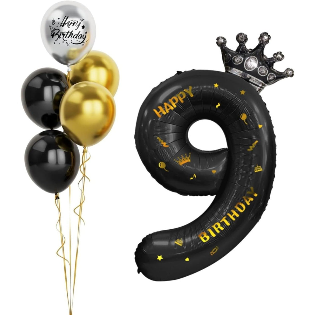 Balon din Folie Metalizata Vivimall, Figurina Cifra si Coroana, Scris Happy Birthday, Tema Aniversare 100 cm, Ambalaj Individual, Pai inclus, Umflare cu Aer sau Heliu, Negru, Cifra 9