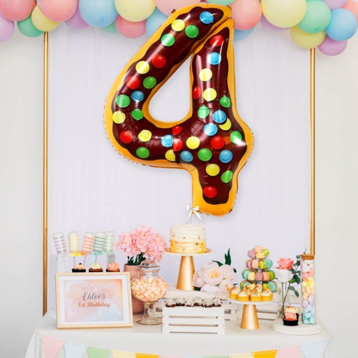 Balon din Folie Metalizata Vivimall, Figurina Cifra, Imprimeu Gogosi, Tema Aniversare 100 cm, Ambalaj Individual, Pai inclus, Umflare cu Aer sau Heliu, Multicolor, Cifra 4