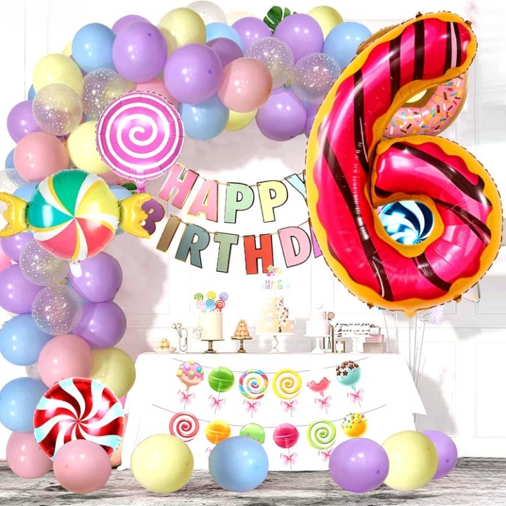 Balon din Folie Metalizata Vivimall, Figurina Cifra, Imprimeu Gogosi, Tema Aniversare 100 cm, Ambalaj Individual, Pai inclus, Umflare cu Aer sau Heliu, Multicolor, Cifra 6