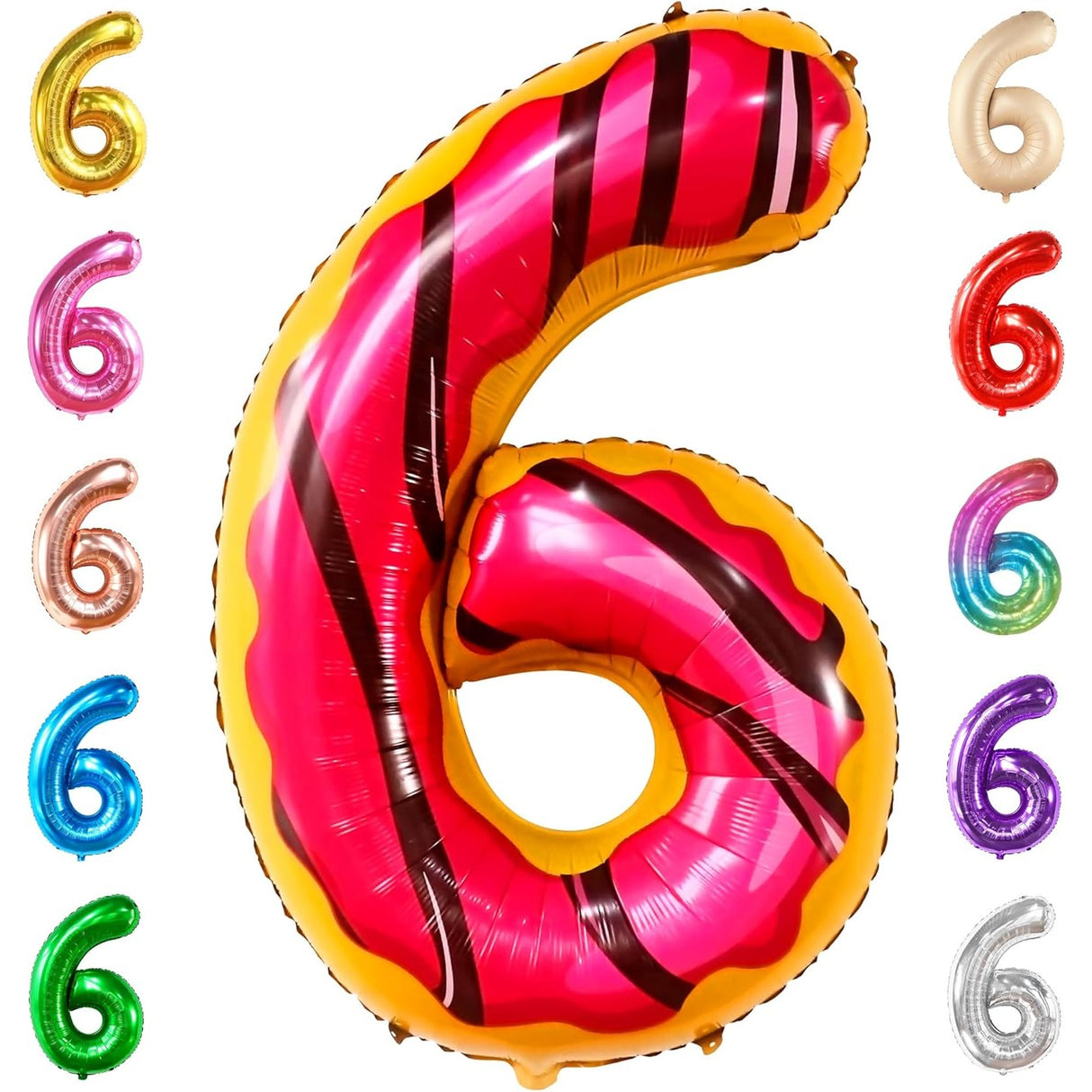 Balon din Folie Metalizata Vivimall, Figurina Cifra, Imprimeu Gogosi, Tema Aniversare 100 cm, Ambalaj Individual, Pai inclus, Umflare cu Aer sau Heliu, Multicolor, Cifra 6