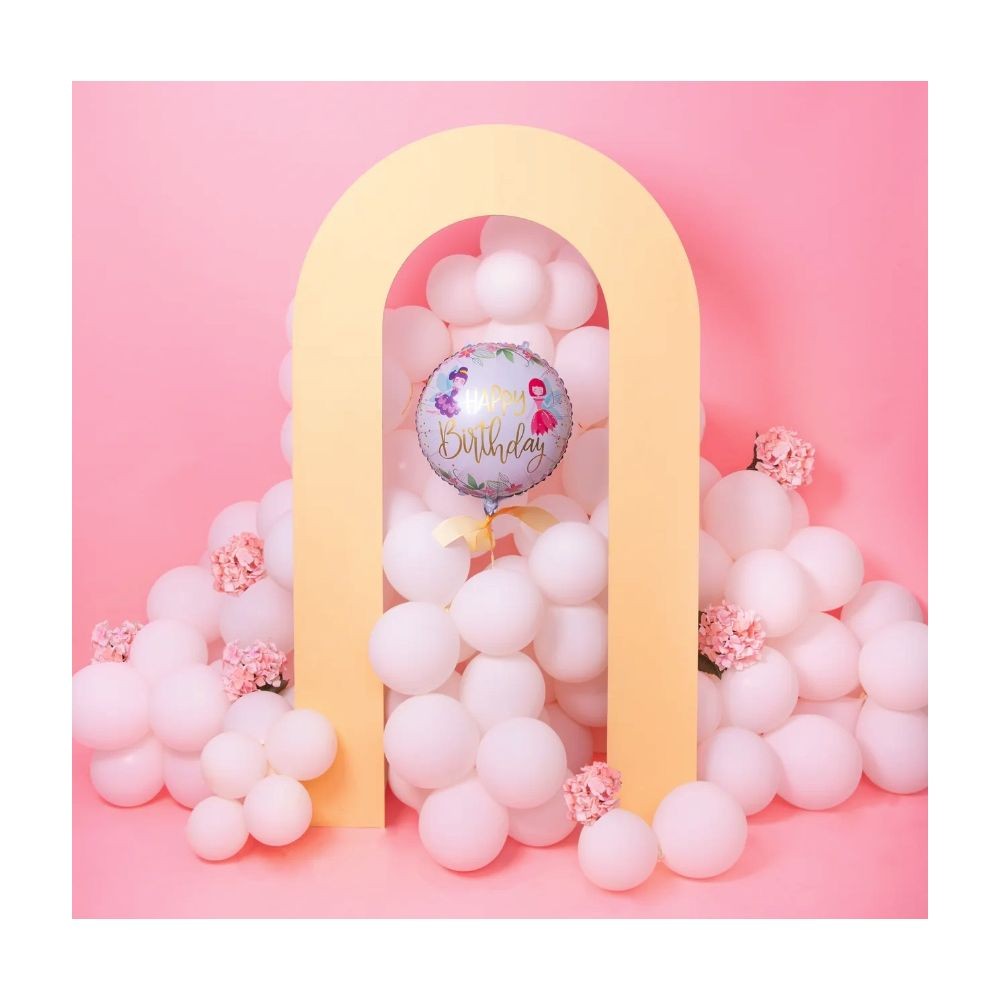 Balon din Folie Metalizata, Flippy, Figurina Cerc, Model Happy Birthday cu Zane, Tematica Aniversare, 45 cm, Ambalaj Individual, Pai Inclus, Umflare cu Aer sau Heliu, Multicolor