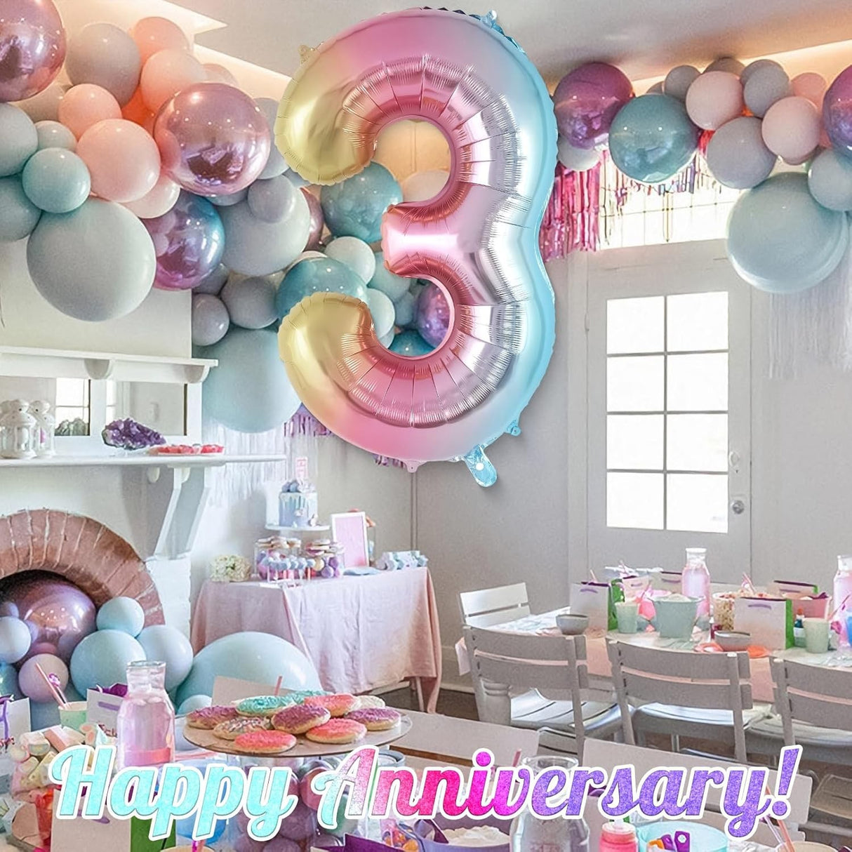 Balon din Folie Metalizata Vivimall, Figurina Cifra Gradient, Tema Aniversare 40 cm, Ambalaj Individual, Pai inclus, Umflare cu Aer sau Heliu, Multicolor, Cifra 3