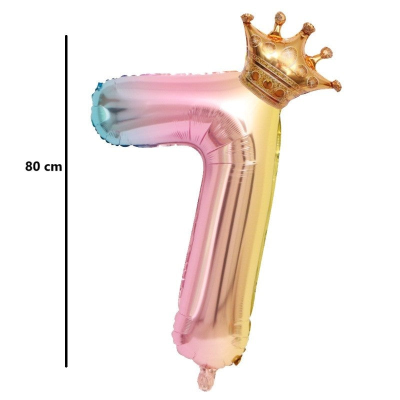 Balon din Folie Metalizata, Vivimall, Figurina Cifra Gradient, Tema Aniversare 80 cm, Ambalaj Individual, Pai inclus, Umflare cu Aer sau Heliu, Coronita, Cifra 7 - vivimall.ro
