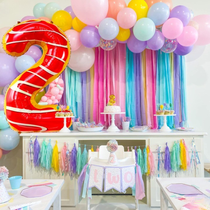 Balon din Folie Metalizata Vivimall, Figurina Cifra, Imprimeu Gogosi, Tema Aniversare 100 cm, Ambalaj Individual, Pai inclus, Umflare cu Aer sau Heliu, Multicolor, Cifra 2