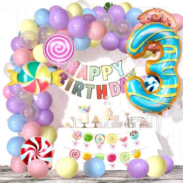 Balon din Folie Metalizata Vivimall, Figurina Cifra, Imprimeu Gogosi, Tema Aniversare 100 cm, Ambalaj Individual, Pai inclus, Umflare cu Aer sau Heliu, Multicolor, Cifra 3