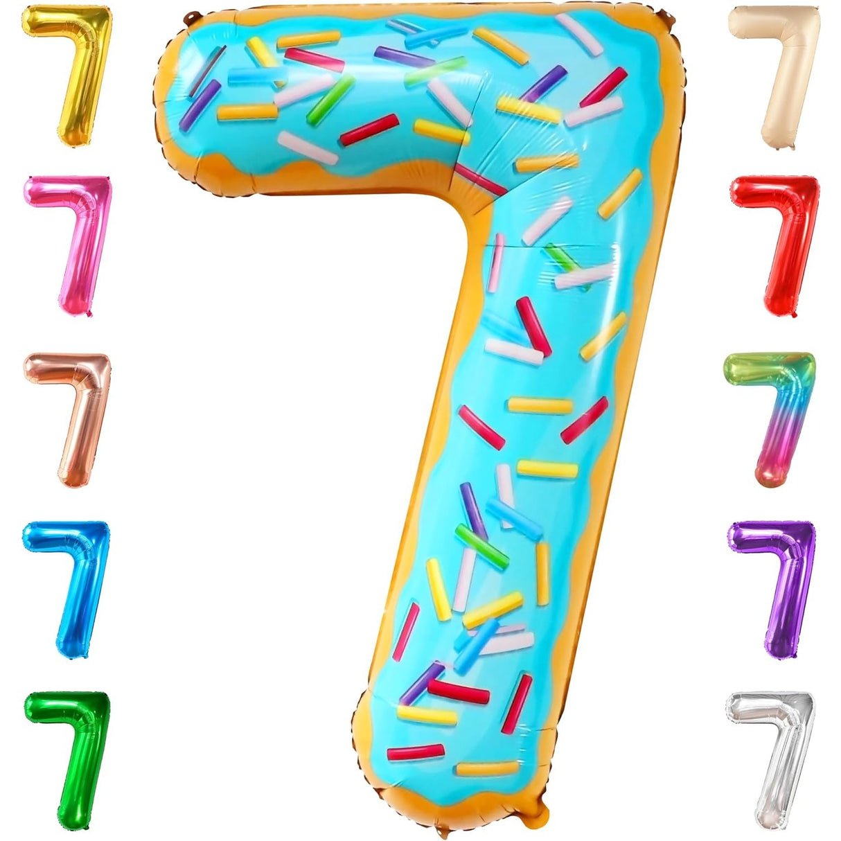 Balon din Folie Metalizata Vivimall, Figurina Cifra, Imprimeu Gogosi, Tema Aniversare 100 cm, Ambalaj Individual, Pai inclus, Umflare cu Aer sau Heliu, Multicolor, Cifra 7