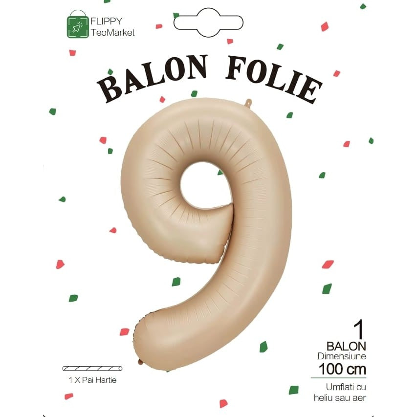 Balon din Folie Metalizata, Vivimall, Figurina Cifra, Model 9, Tema Aniversare 100 cm, Ambalaj Individual, Pai Inclus, Umflare cu Aer sau Heliu, Crem - vivimall.ro