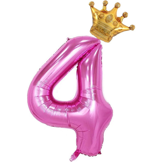 Balon Din Folie Metalizata Figurina Cifra Si Coroana, Tema Aniversare 100 Cm, Ambalaj Individual, Pai Inclus, Umflare Cu Aer Sau Heliu, Cifra 4 - vivimall.ro
