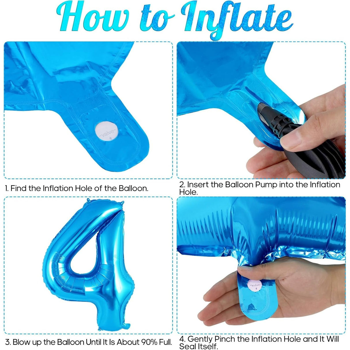 Balon din Folie Metalizata, Vivimall, Figurina Cifra, Tema Aniversare 80 cm, Ambalaj Individual, Pai inclus, Umflare cu Aer sau Heliu, Albastru, Cifra 4 - vivimall.ro