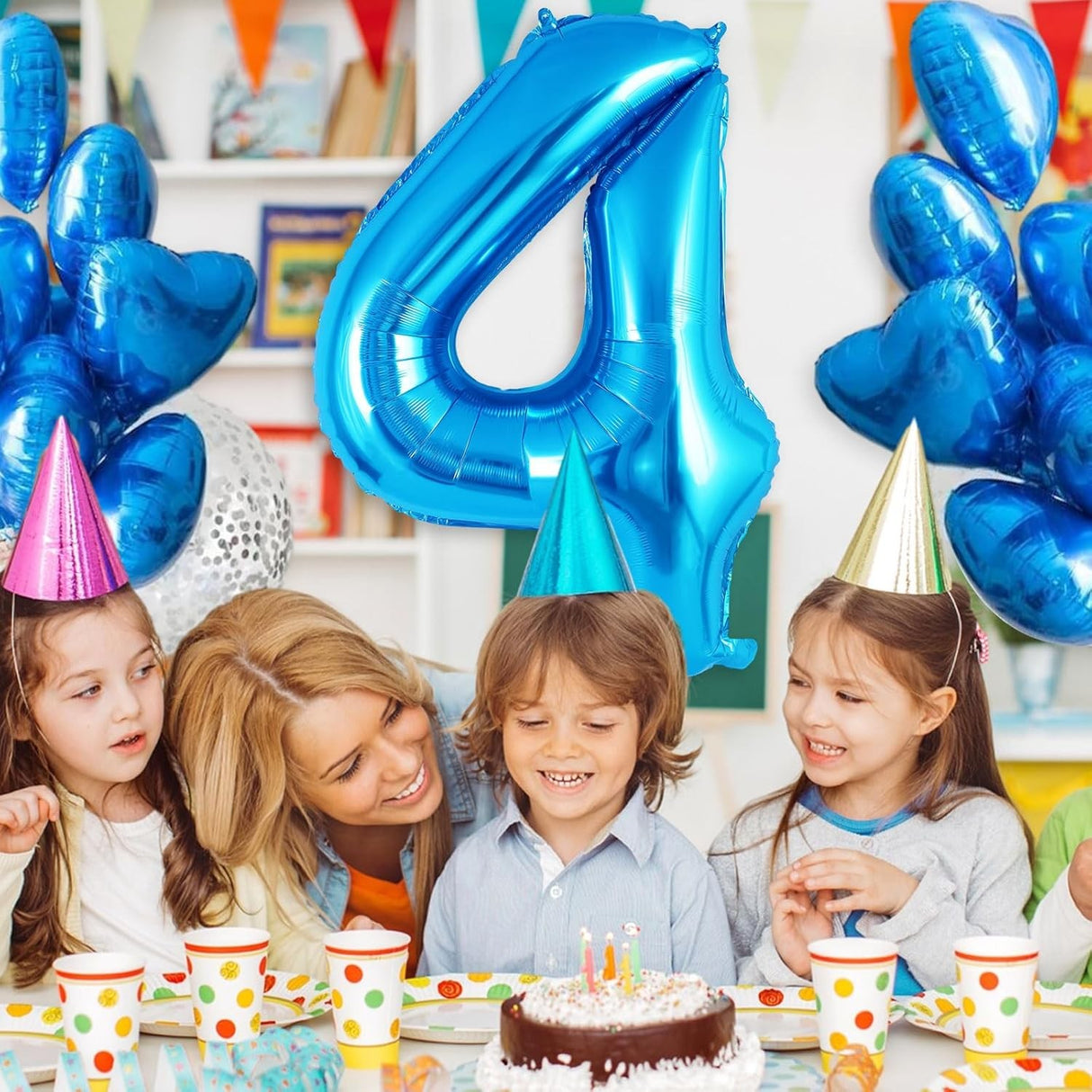 Balon din Folie Metalizata, Vivimall, Figurina Cifra, Tema Aniversare 80 cm, Ambalaj Individual, Pai inclus, Umflare cu Aer sau Heliu, Albastru, Cifra 4 - vivimall.ro