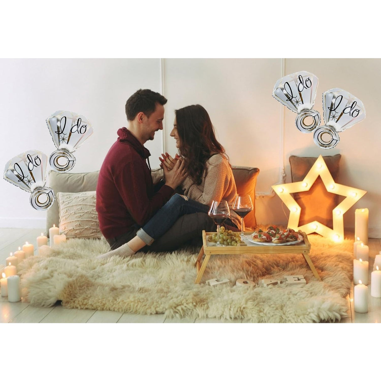 Balon din Folie Metalizata, Vivimall, Figurina Inel de Logodna, Model Diamant, Tema Nunta, 60 cm, Ambalaj Individual, Pai Inclus, Umflare cu Aer sau Heliu, Alb - vivimall.ro