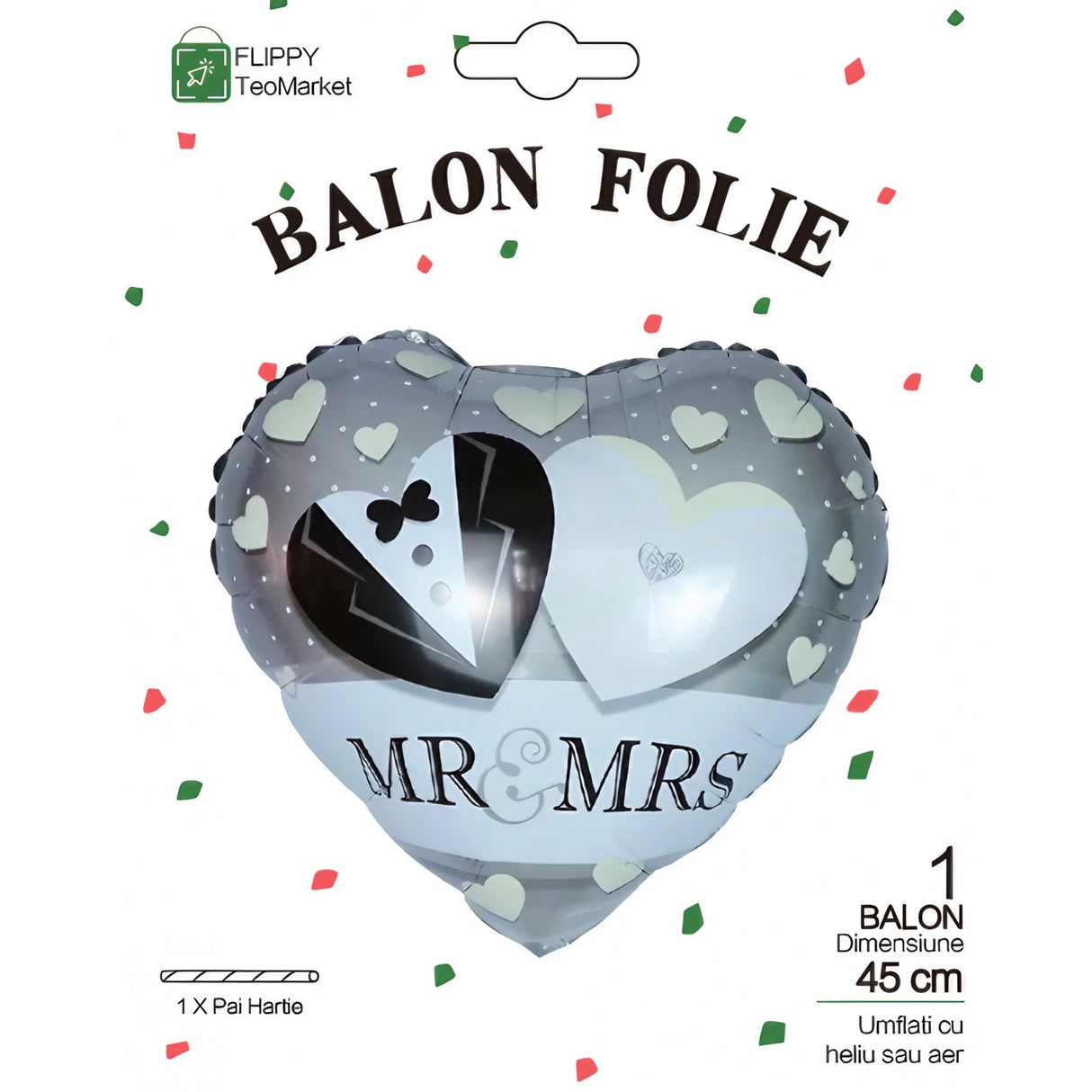 Balon din Folie Metalizata, Flippy, Figurina Inima, Model Mr&Mrs, Tema Nunta, 45 cm, Ambalaj Individual, Pai Inclus, Umflare cu Aer sau Heliu, Gri