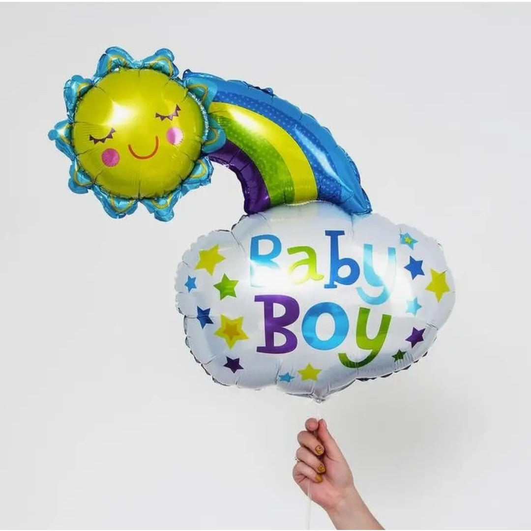 Balon din Folie Metalizata, Vivimall, Figurina Soare si Nor, Tema Botez, 60x53 cm, Ambalaj Individual, Pai Inclus, Umflare cu Aer sau Heliu, Albastru - vivimall.ro