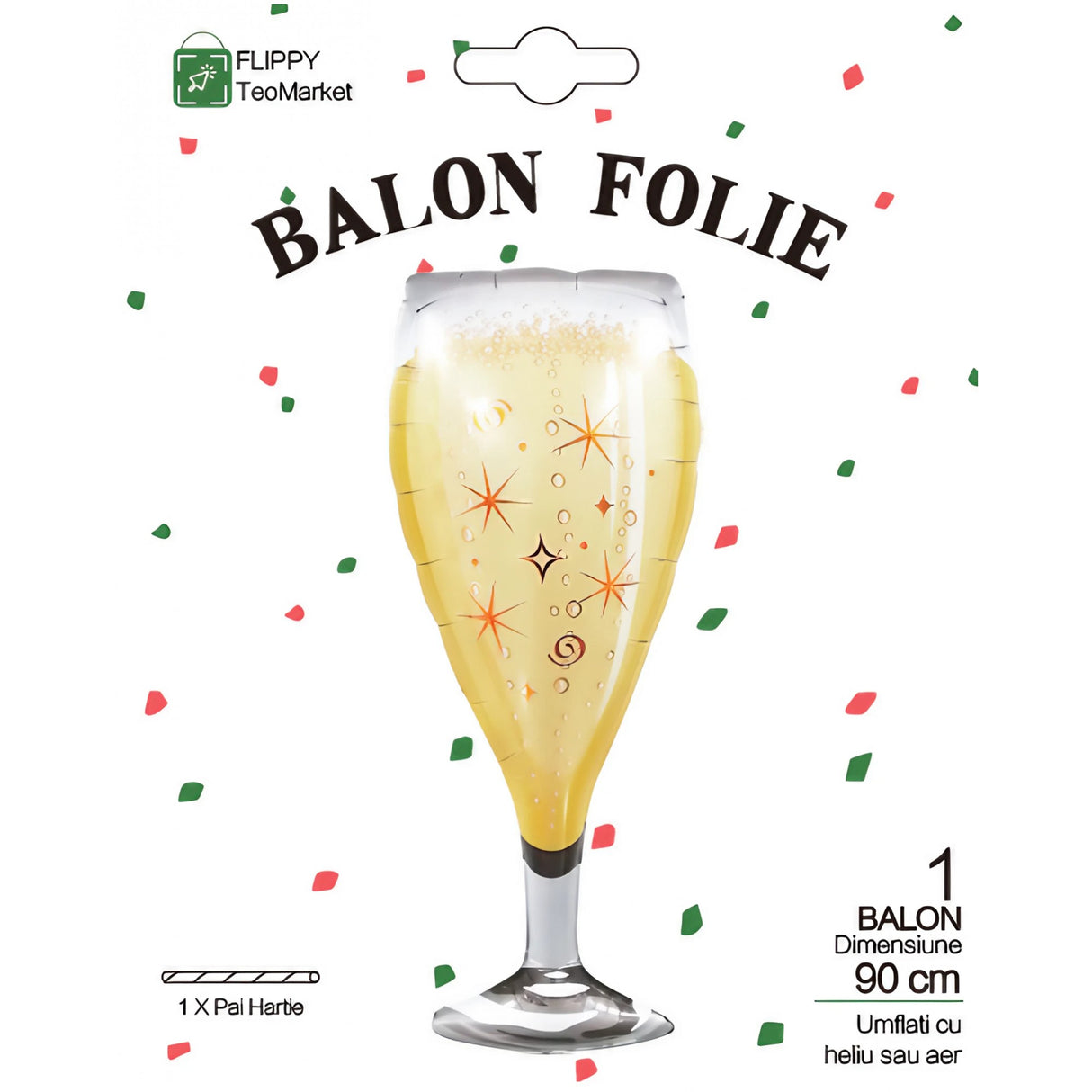 Balon din Folie Metalizata, Vivimall, Figurina Pahar de Sampanie, Tema Aniversare, 100x40 cm, Ambalaj Individual, Pai Inclus, Umflare cu Aer sau Heliu, Auriu