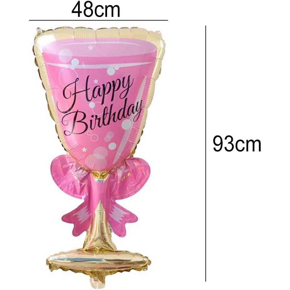 Balon din Folie Metalizata, Vivimall, Figurina Pahar de Vin, Tema Aniversare, 93x48 cm, Ambalaj Individual, Pai Inclus, Umflare cu Aer sau Heliu, Roz
