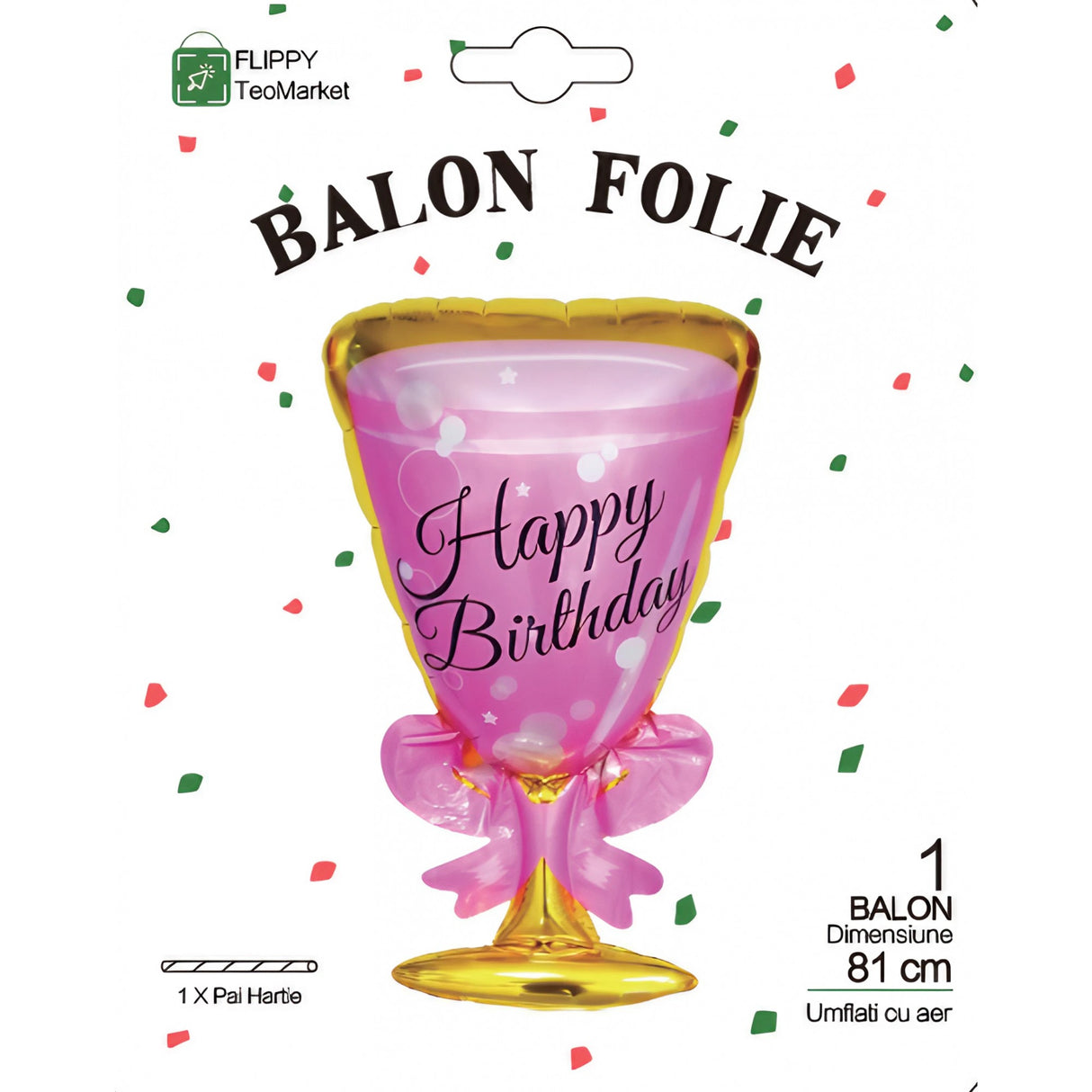 Balon din Folie Metalizata, Vivimall, Figurina Pahar de Vin, Tema Aniversare, 93x48 cm, Ambalaj Individual, Pai Inclus, Umflare cu Aer sau Heliu, Roz