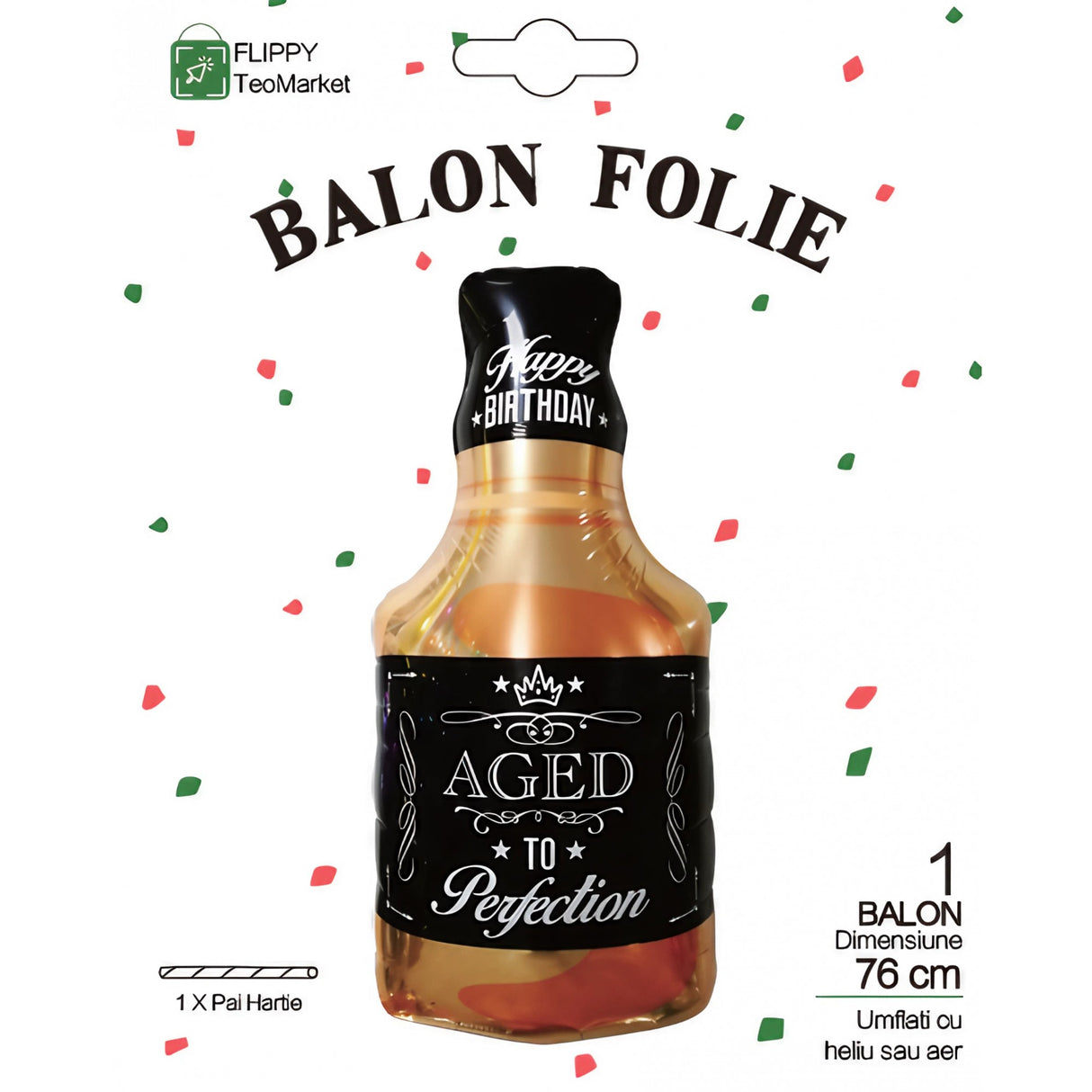 Balon din Folie Metalizata, Flippy, Figurina Sticla de Whisky, Tema Aniversare, 90x45 cm, Ambalaj Individual, Pai Inclus, Umflare cu Aer sau Heliu, Maro