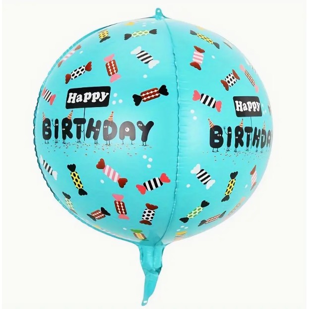 Balon din Folie Metalizata, Flippy, Figurine 4D, Model Happy Birthday, Tematica Aniversara Bombonele, 63x24 cm, Ambalaj Individual, Pai Inclus, Umflare cu Aer sau Heliu, Blue