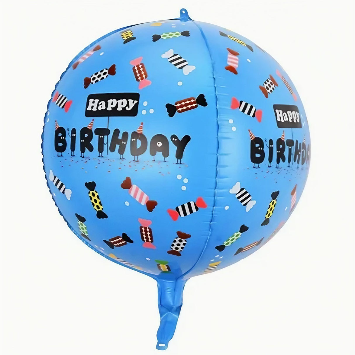 Balon din Folie Metalizata, Vivimall, Figurine 4D, Model Happy Birthday, Tematica Aniversara Bombonele, 63x24 cm, Ambalaj Individual, Pai Inclus, Umflare cu Aer sau Heliu, Albastru