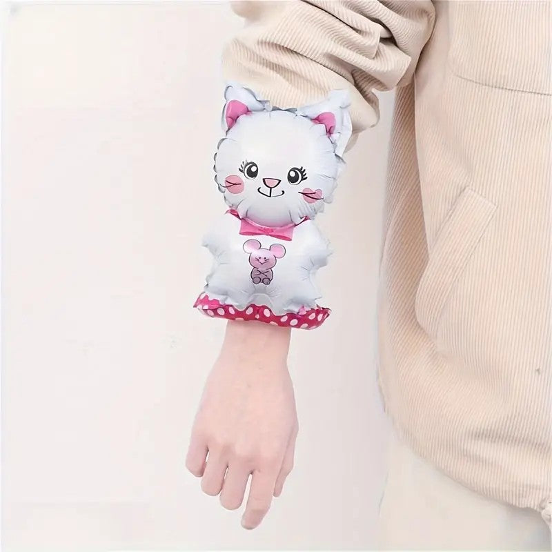 Balon din Folie Metalizata, Vivimall, Figurine Animalute, Tip Bratara, Model Pisica, 13 x 35 cm, Ambalaj Individual, Pai Inclus, Umflare cu Aer sau Heliu, Alb - vivimall.ro