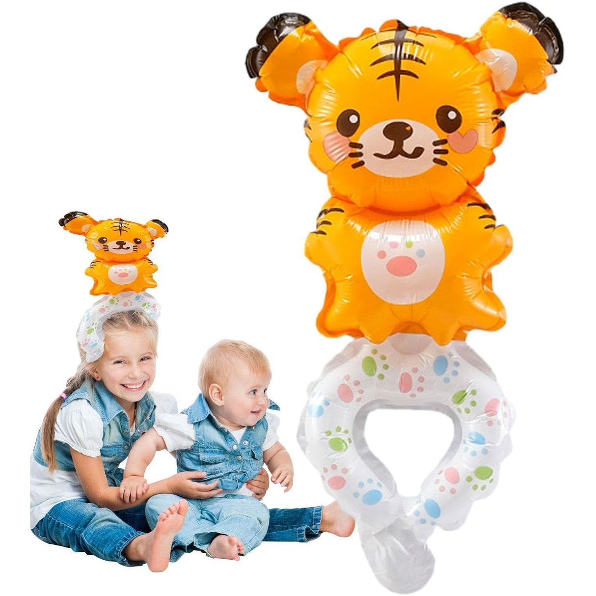 Detaliu supapă balon folie metalizată model Tigru cu pai transparent inclus în ambalaj