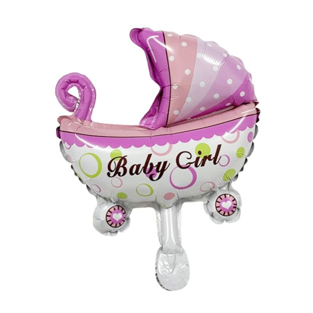 Balon din Folie Metalizata, Vivimall, Mini Figurina, Model Carucior Bebelus, Tematica Gender Reveal, 39x29 cm, Ambalaj Individual, Pai Inclus, Umflare cu Aer sau Heliu, Roz - vivimall.ro
